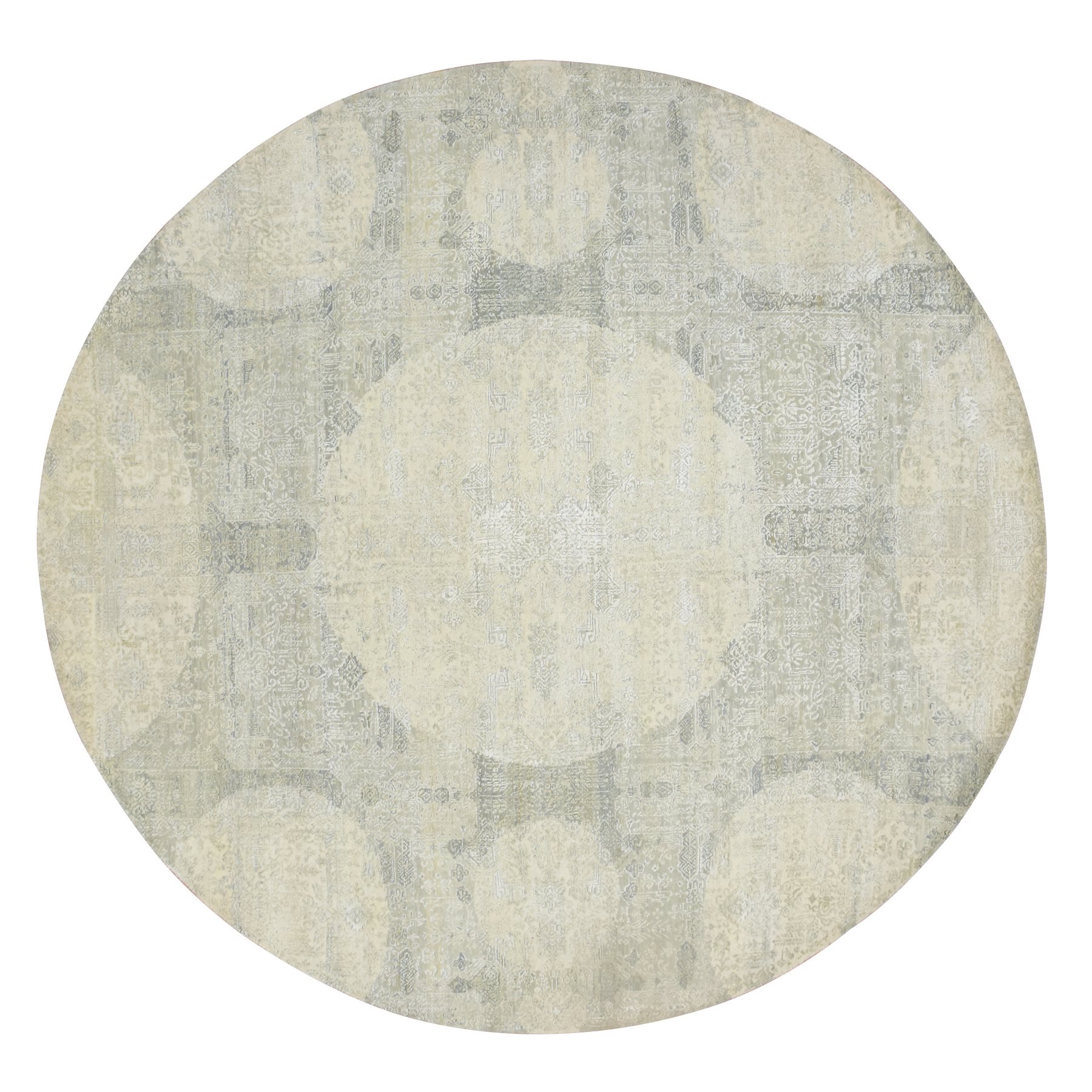 10'x10' Oyster White, Jewelry Design, Wool and Silk, Hand Knotted, Round, Oriental Rug HR75681