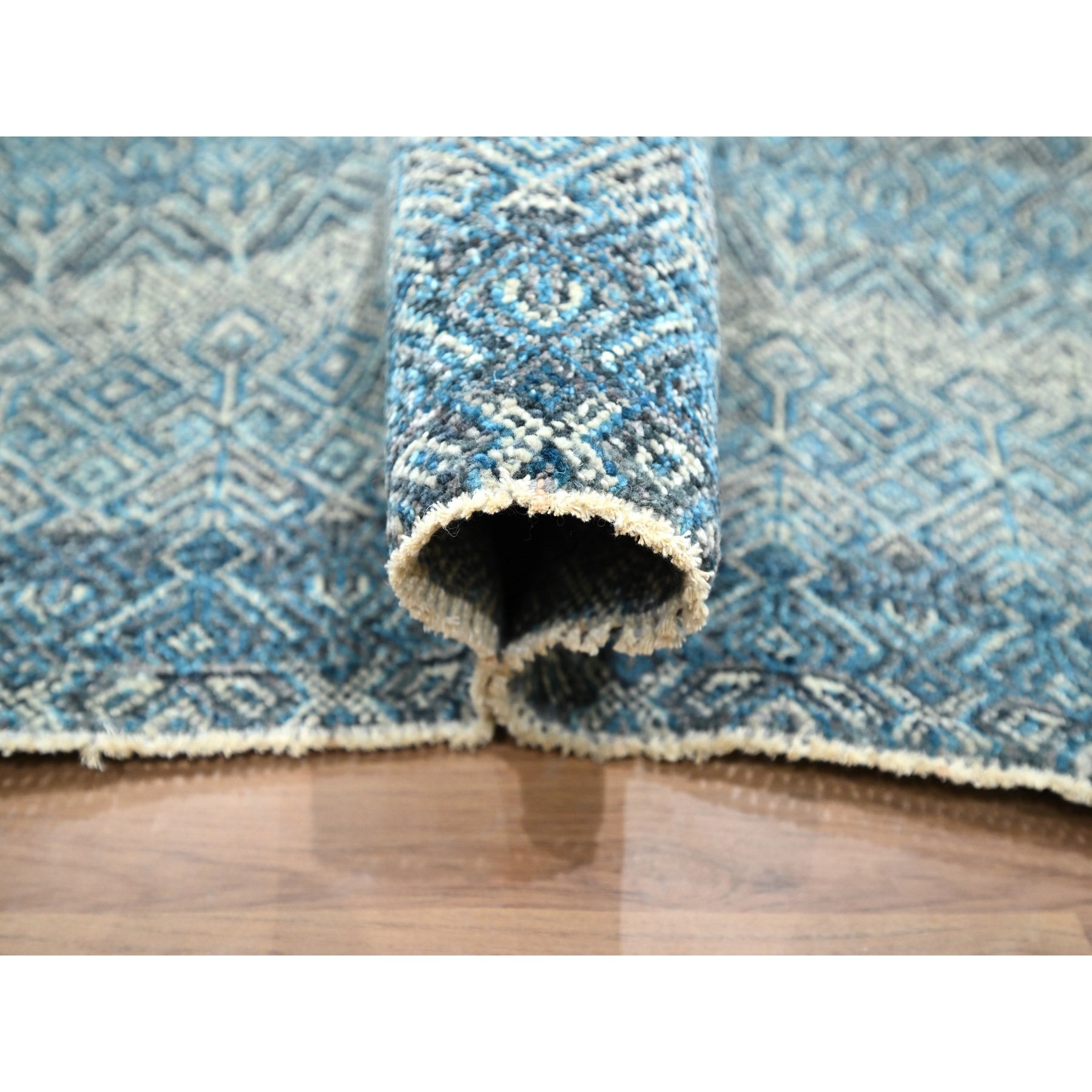 8'3"x10'1" Cerulean Blue, Kohinoor Herat, All Over Small Geometric Repetitive Diamond Pattern Tone On Tone, Hand Knotted, Vibrant Wool, Soft To The Touch, Oriental Rug HR76381 - Image 5