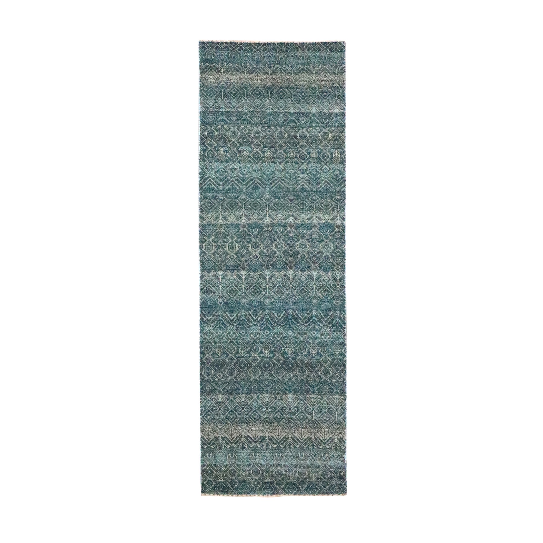 2'5"x7'7" Jasper Blue, Kohinoor Herat with Small Geometric Repetitive Diamond Design, Pure Wool, Tone On Tone, Hand Knotted, Soft To The Touch, Runner, Oriental Rug HR76391
