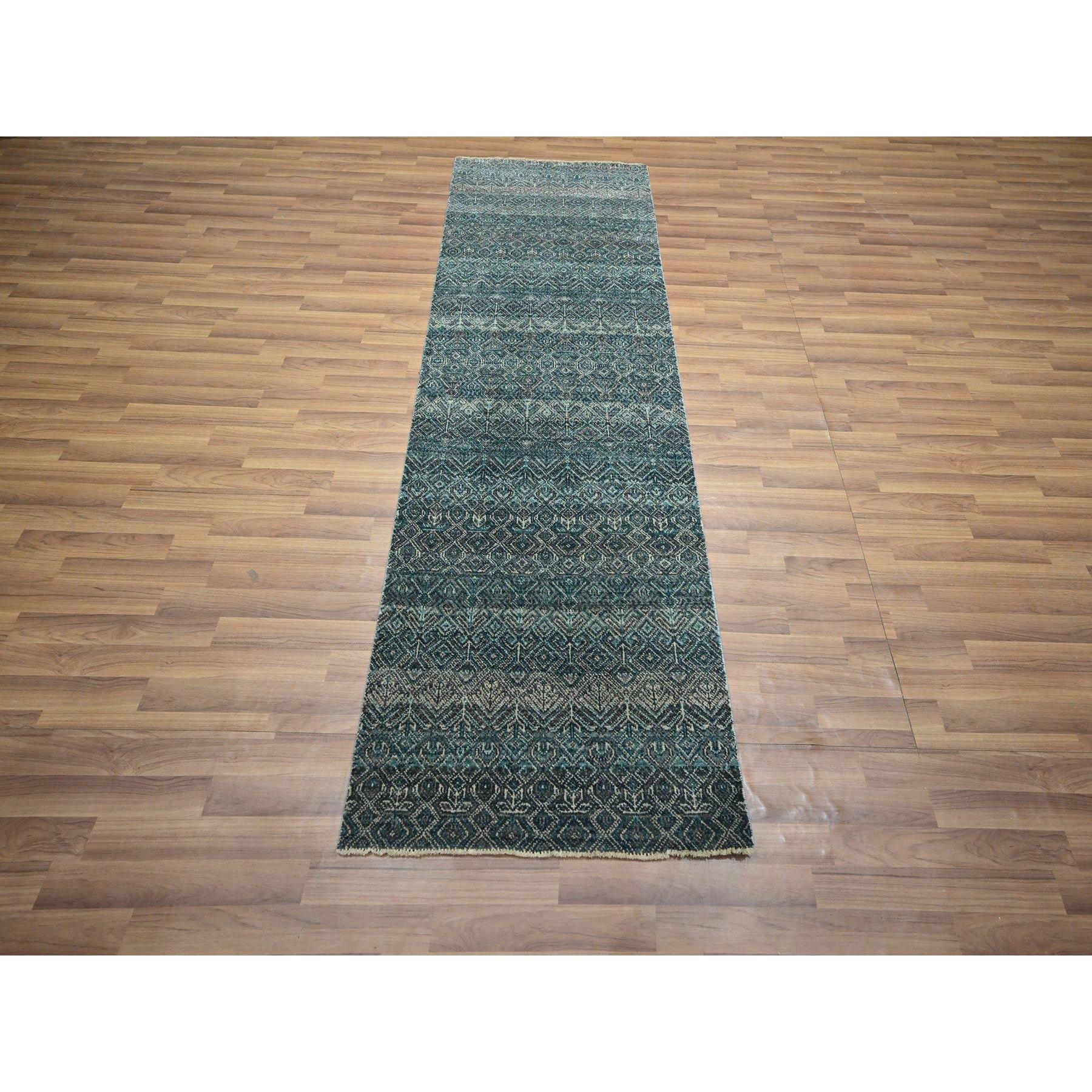 2'5"x7'7" Jasper Blue, Kohinoor Herat with Small Geometric Repetitive Diamond Design, Pure Wool, Tone On Tone, Hand Knotted, Soft To The Touch, Runner, Oriental Rug HR76391 - Image 2