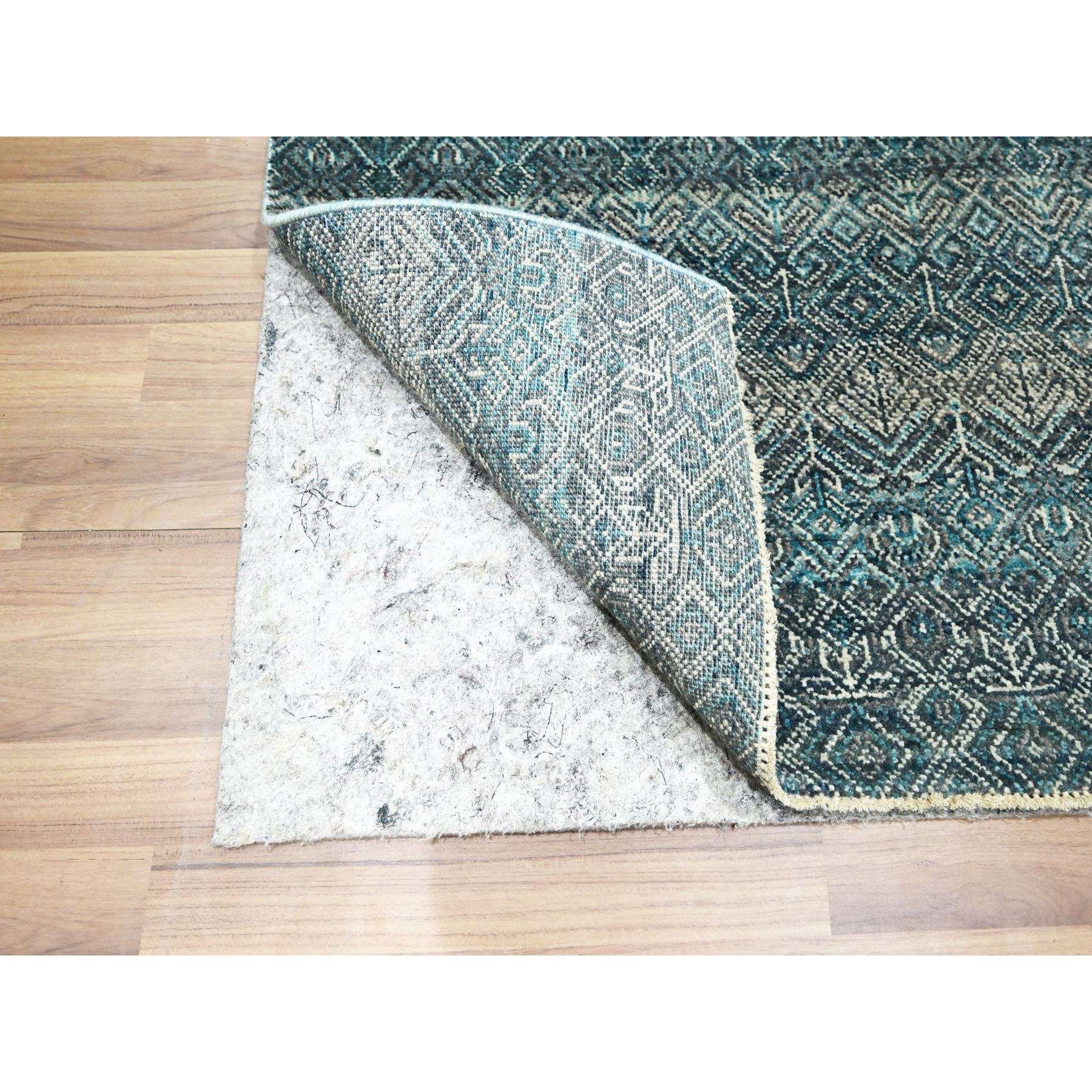 2'5"x7'7" Jasper Blue, Kohinoor Herat with Small Geometric Repetitive Diamond Design, Pure Wool, Tone On Tone, Hand Knotted, Soft To The Touch, Runner, Oriental Rug HR76391 - Image 3