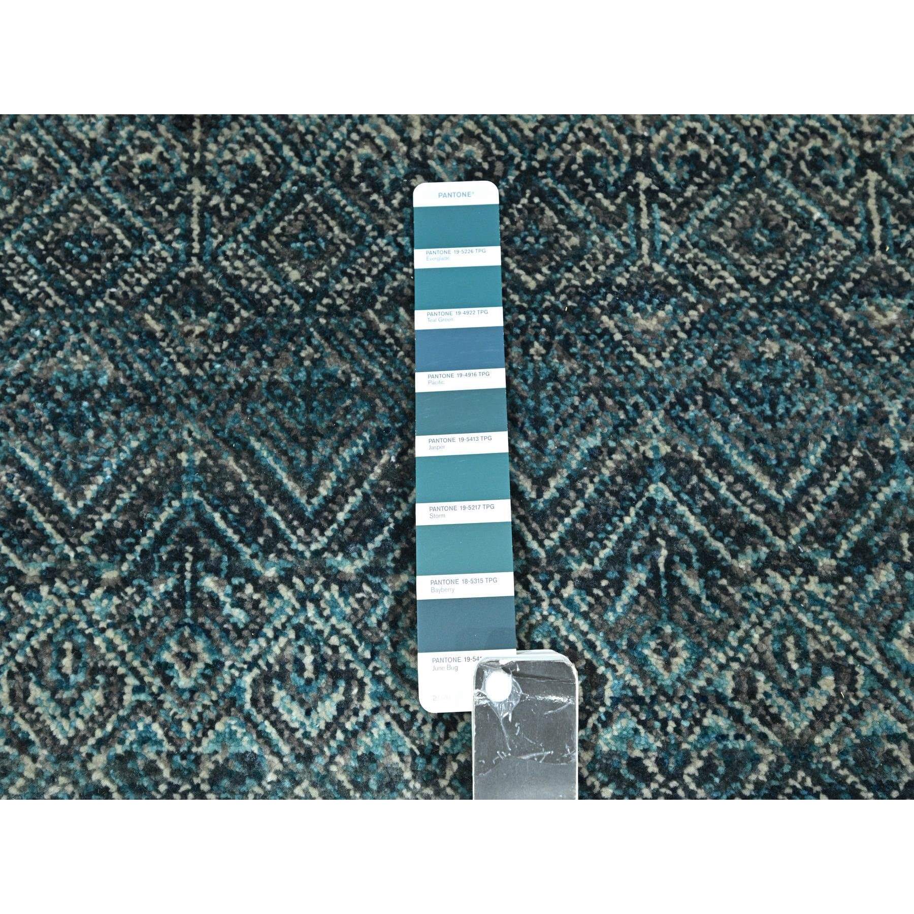 2'5"x7'7" Jasper Blue, Kohinoor Herat with Small Geometric Repetitive Diamond Design, Pure Wool, Tone On Tone, Hand Knotted, Soft To The Touch, Runner, Oriental Rug HR76391 - Image 4