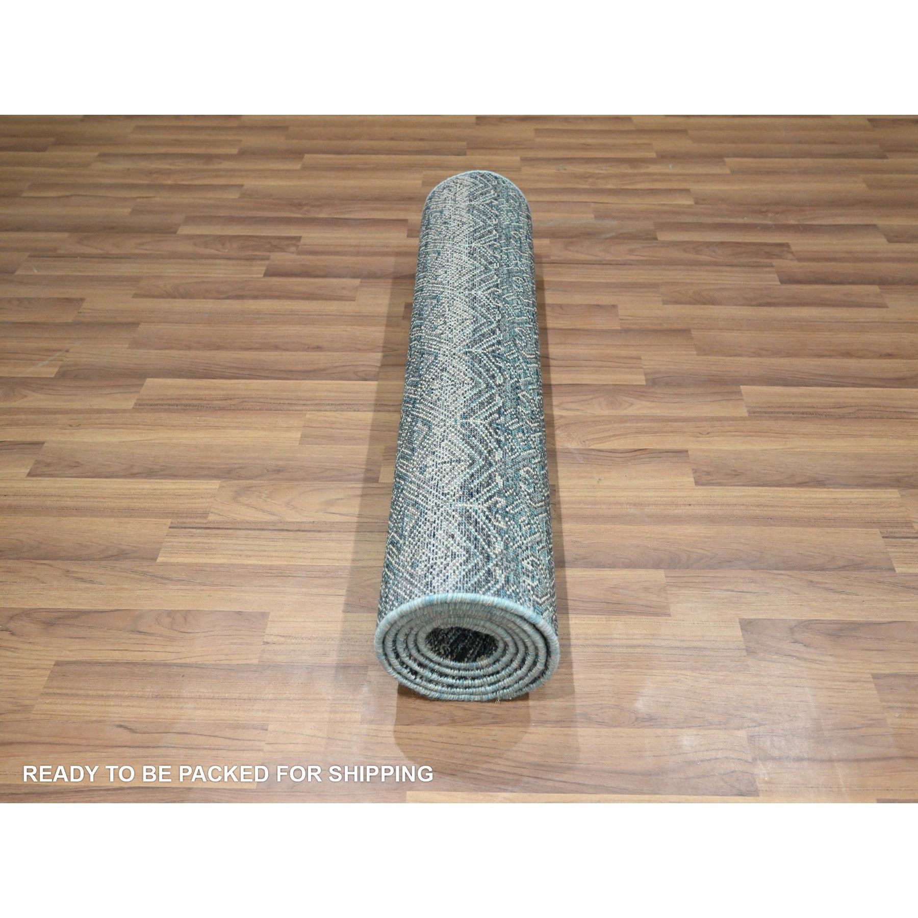 2'5"x7'7" Jasper Blue, Kohinoor Herat with Small Geometric Repetitive Diamond Design, Pure Wool, Tone On Tone, Hand Knotted, Soft To The Touch, Runner, Oriental Rug HR76391 - Image 5