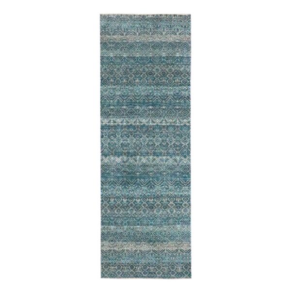 2'7"x7'7" Teal Blue, Kohinoor Herat Pattern, Small Geometric Repetitive Diamond Design, Soft Pile, Pure Wool, Tone On Tone, Hand Knotted, Runner, Oriental Rug HR76393