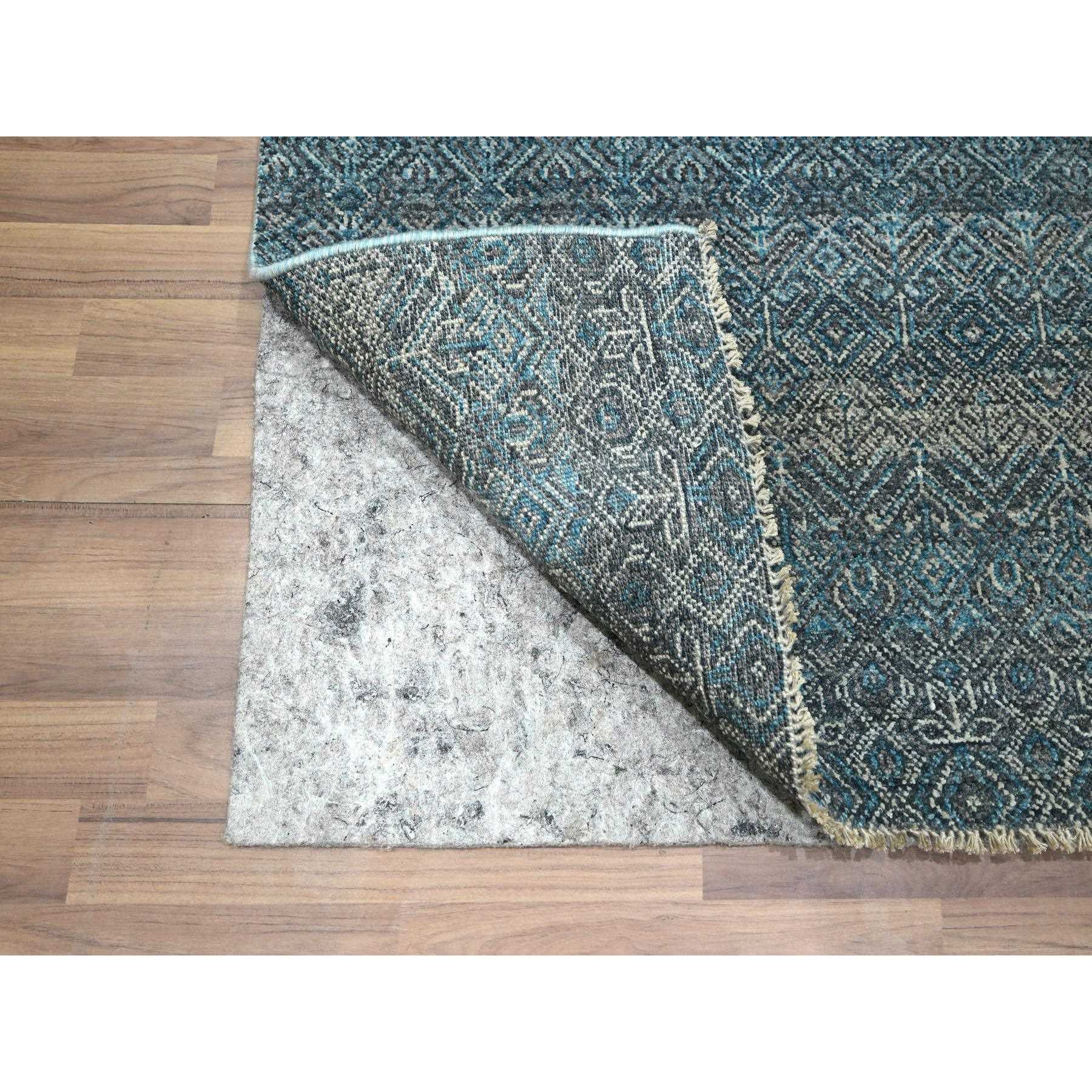 2'7"x7'7" Teal Blue, Kohinoor Herat Pattern, Small Geometric Repetitive Diamond Design, Soft Pile, Pure Wool, Tone On Tone, Hand Knotted, Runner, Oriental Rug HR76393 - Image 3