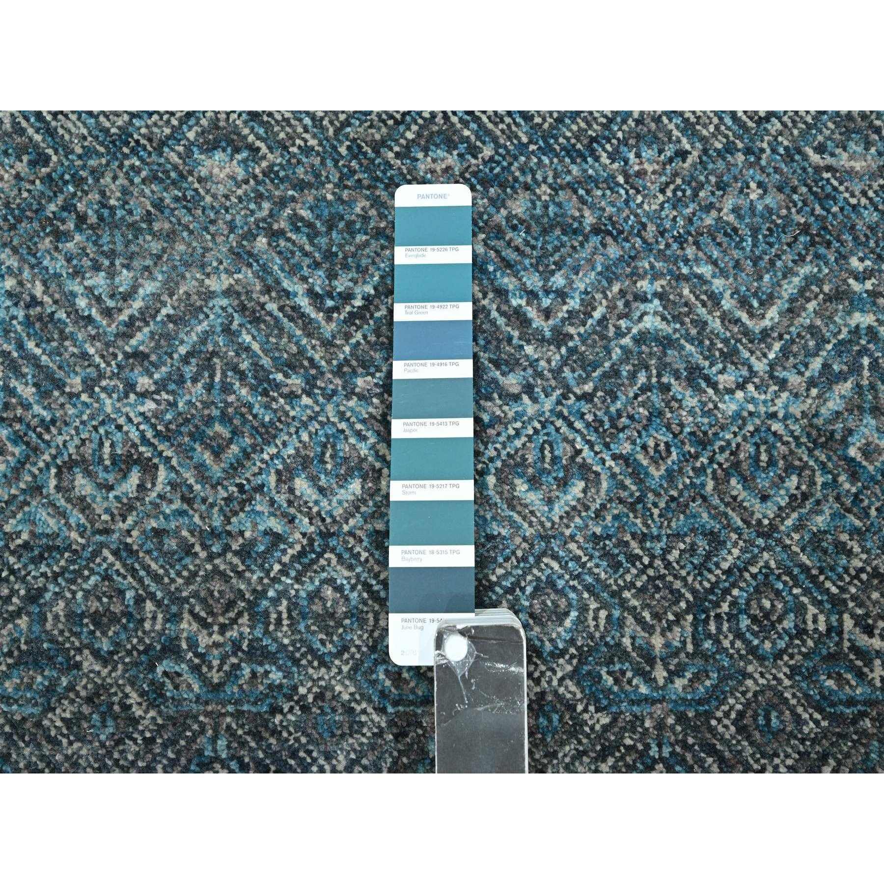 2'7"x7'7" Teal Blue, Kohinoor Herat Pattern, Small Geometric Repetitive Diamond Design, Soft Pile, Pure Wool, Tone On Tone, Hand Knotted, Runner, Oriental Rug HR76393 - Image 4