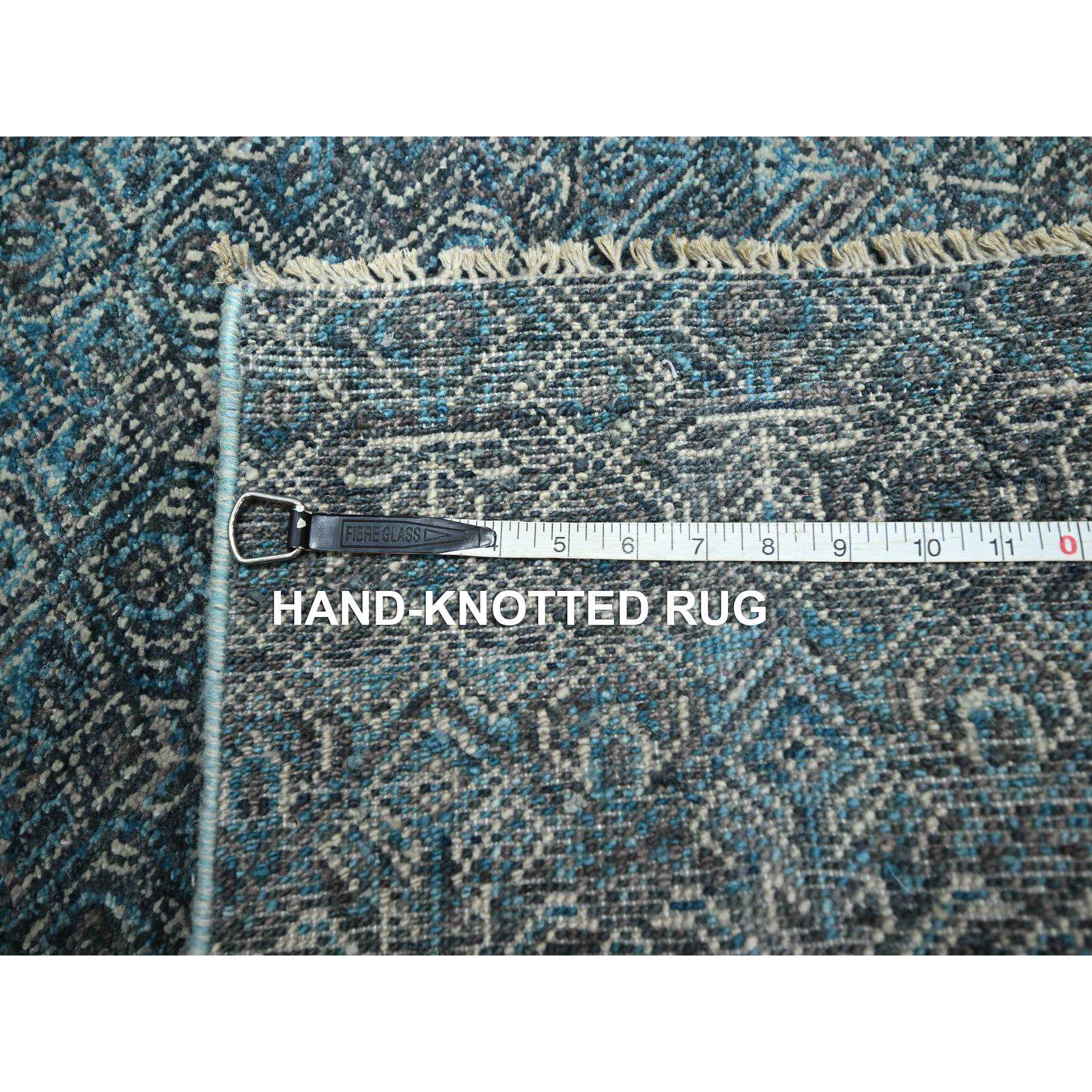 2'7"x7'7" Teal Blue, Kohinoor Herat Pattern, Small Geometric Repetitive Diamond Design, Soft Pile, Pure Wool, Tone On Tone, Hand Knotted, Runner, Oriental Rug HR76393 - Image 7