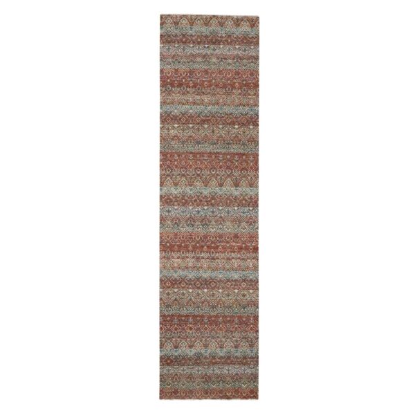 2'7"x10'2" Chili Red, Kohinoor Herat with Small Geometric Repetitive Diamond Pattern, Soft and Shiny Wool, Tone On Tone, Hand Knotted, Runner, Oriental Rug HR76397