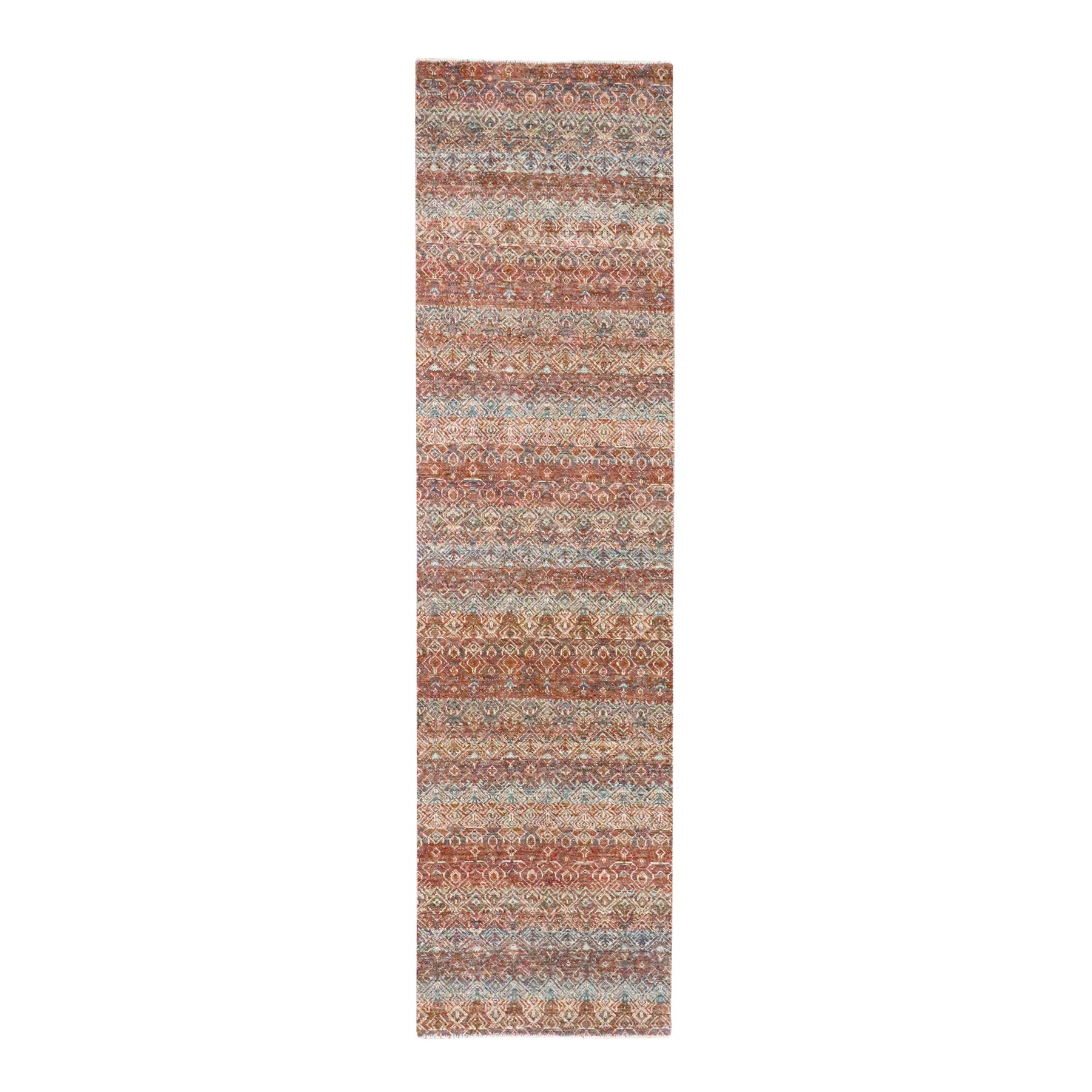 2'7"x10' Summer Fig Red, Kohinoor Herat with Small Geometric Repetitive Diamond Design, Soft and Vibrant Wool, Tone On Tone, Hand Knotted, Runner, Oriental Rug HR76399