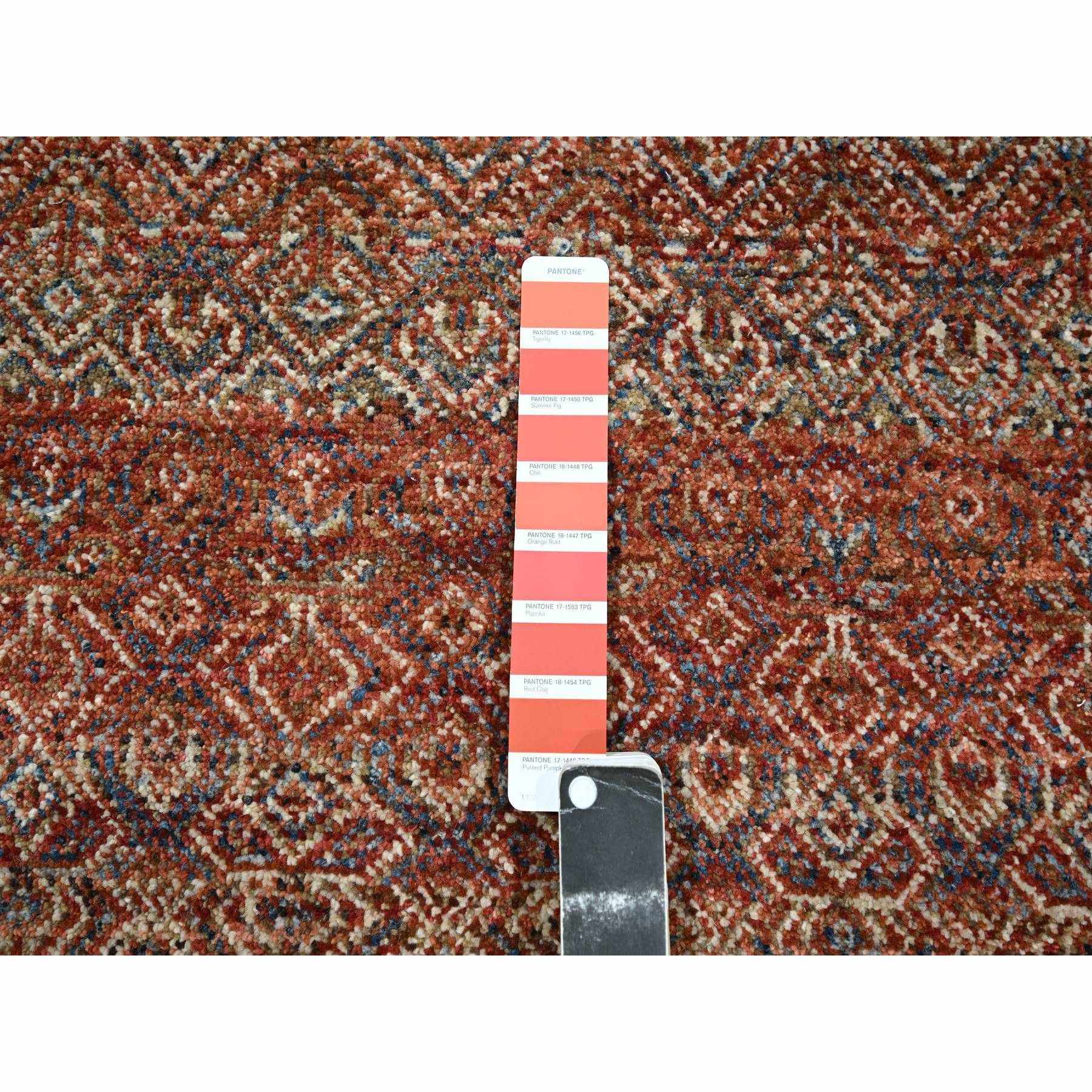 2'6"x10'2" Clay Red, Kohinoor Herat with Small Geometric Repetitive Diamond Pattern, Soft Wool, Tone On Tone, Hand Knotted, Runner, Oriental Rug HR76400 - Image 4