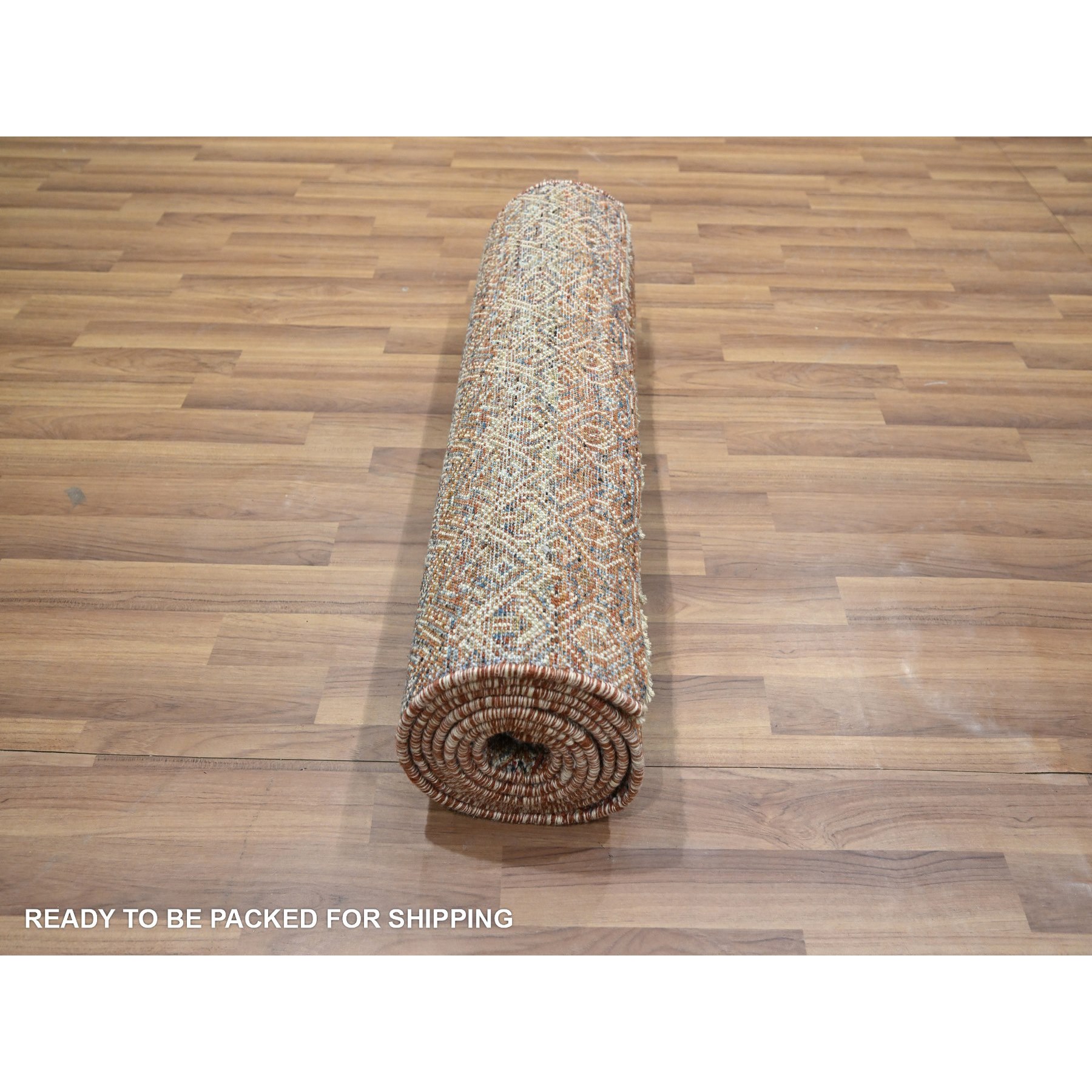 2'6"x10'2" Clay Red, Kohinoor Herat with Small Geometric Repetitive Diamond Pattern, Soft Wool, Tone On Tone, Hand Knotted, Runner, Oriental Rug HR76400 - Image 5
