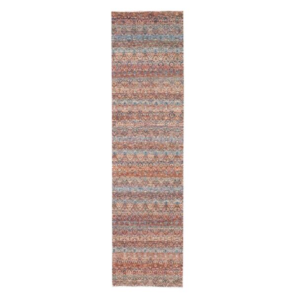 2'7"x10' Summer Fig Red, Kohinoor Herat with Small Geometric Repetitive Diamond Pattern, Tone on Tone, Soft and Shiny Wool, Hand Knotted, Runner, Oriental Rug HR76402