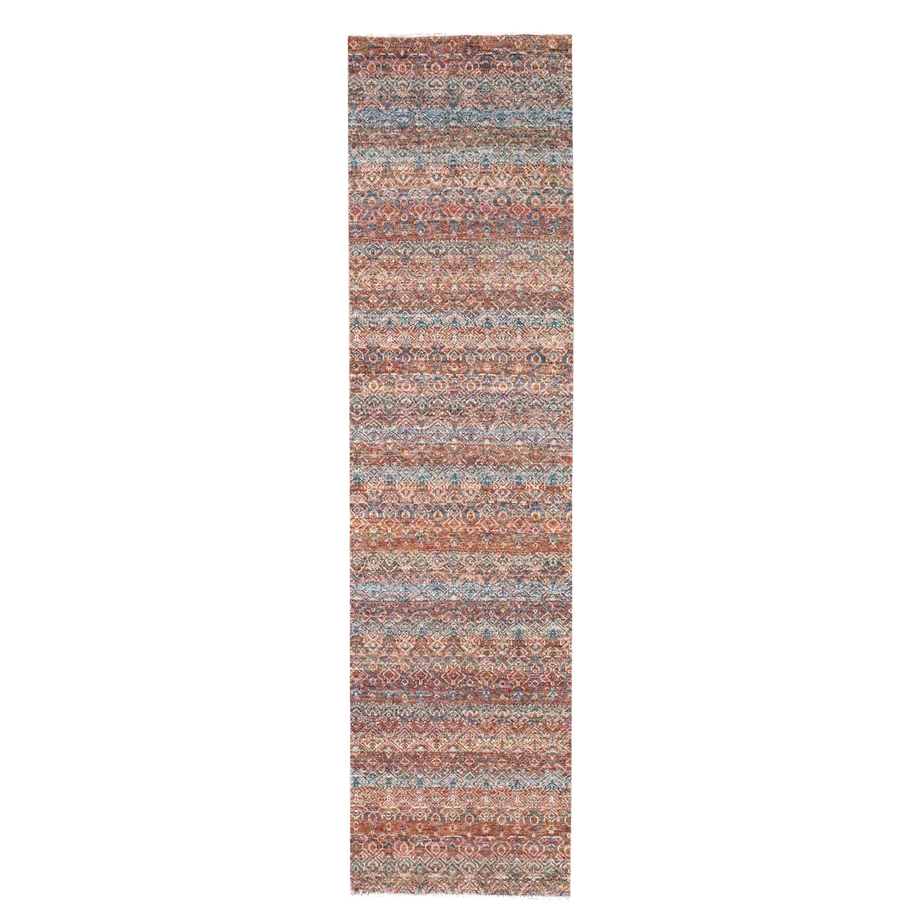 2'7"x10' Summer Fig Red, Kohinoor Herat with Small Geometric Repetitive Diamond Pattern, Tone on Tone, Soft and Shiny Wool, Hand Knotted, Runner, Oriental Rug HR76402
