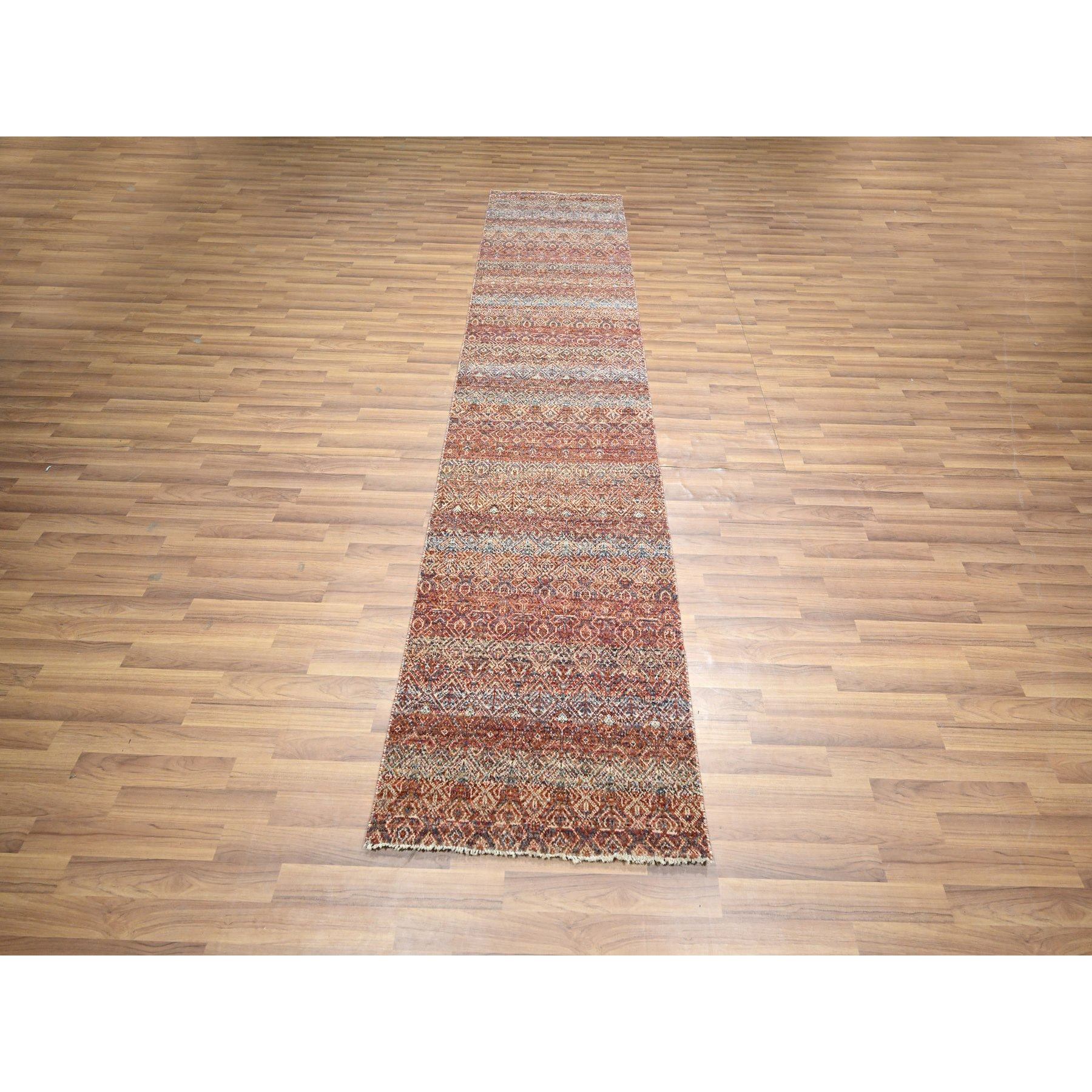 2'6"x10'2" Chili Red, Kohinoor Herat with Small Geometric Repetitive Diamond Pattern, Tone on Tone, Soft and Shiny Wool, Hand Knotted, Runner, Oriental Rug HR76406 - Image 2