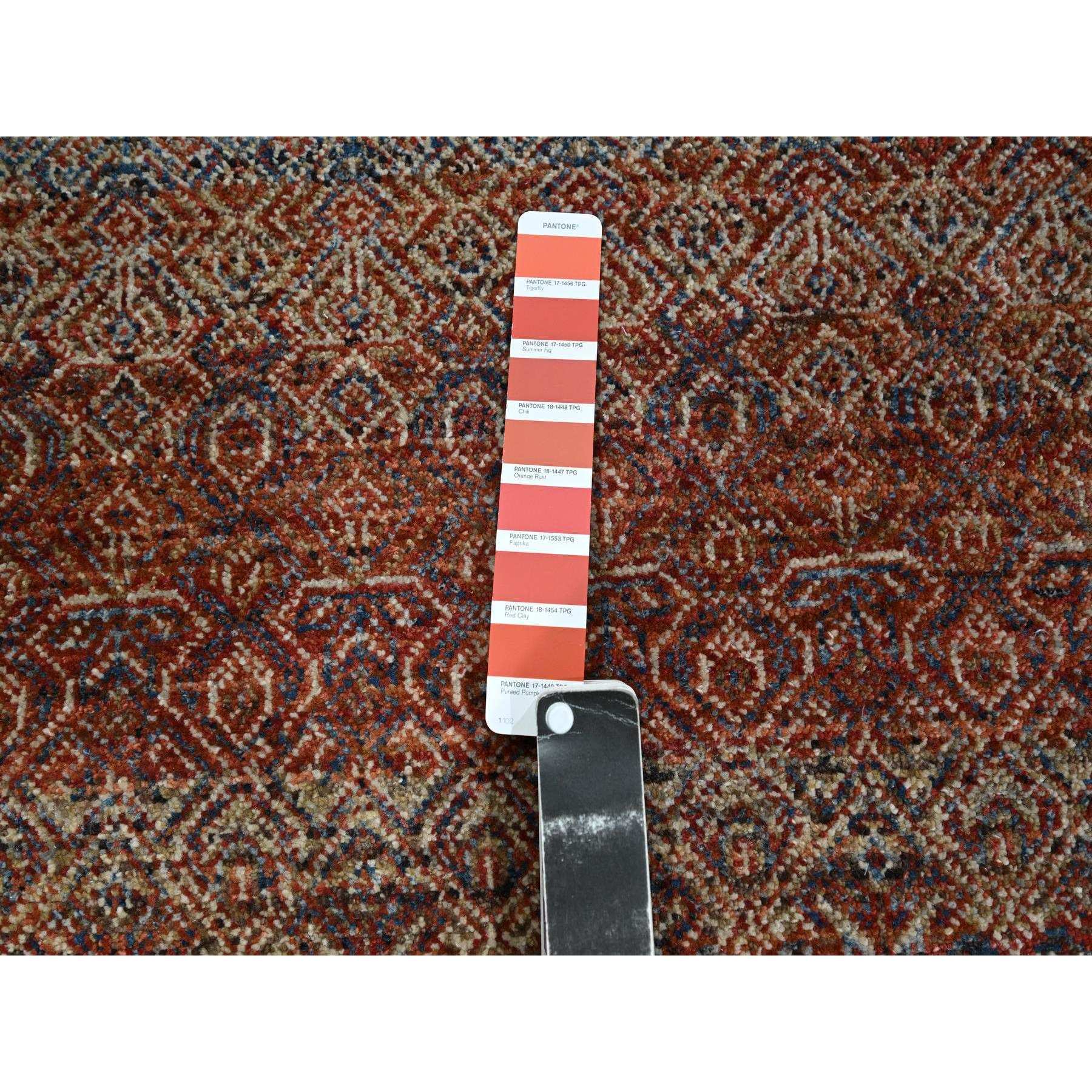 2'6"x10'2" Chili Red, Kohinoor Herat with Small Geometric Repetitive Diamond Pattern, Tone on Tone, Soft and Shiny Wool, Hand Knotted, Runner, Oriental Rug HR76406 - Image 4