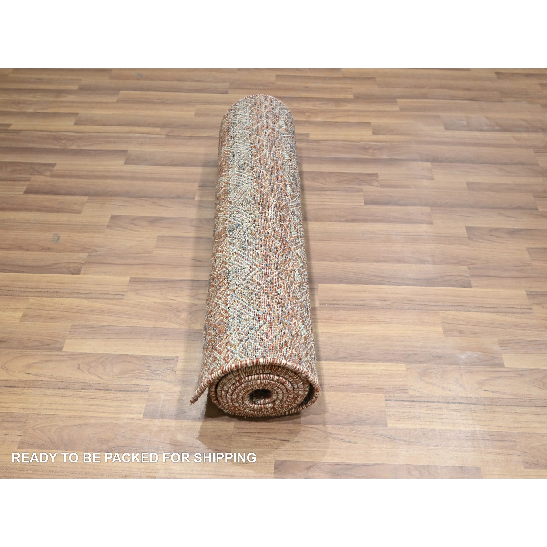 2'6"x10'2" Chili Red, Kohinoor Herat with Small Geometric Repetitive Diamond Pattern, Tone on Tone, Soft and Shiny Wool, Hand Knotted, Runner, Oriental Rug HR76406 - Image 5