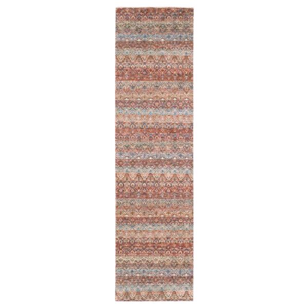 2'7"x10' Rust Red, Soft and Shiny Wool, Kohinoor Herat Design, Small Geometric Repetitive Diamond Pattern, Tone on Tone, Hand Knotted, Runner, Oriental Rug HR76407