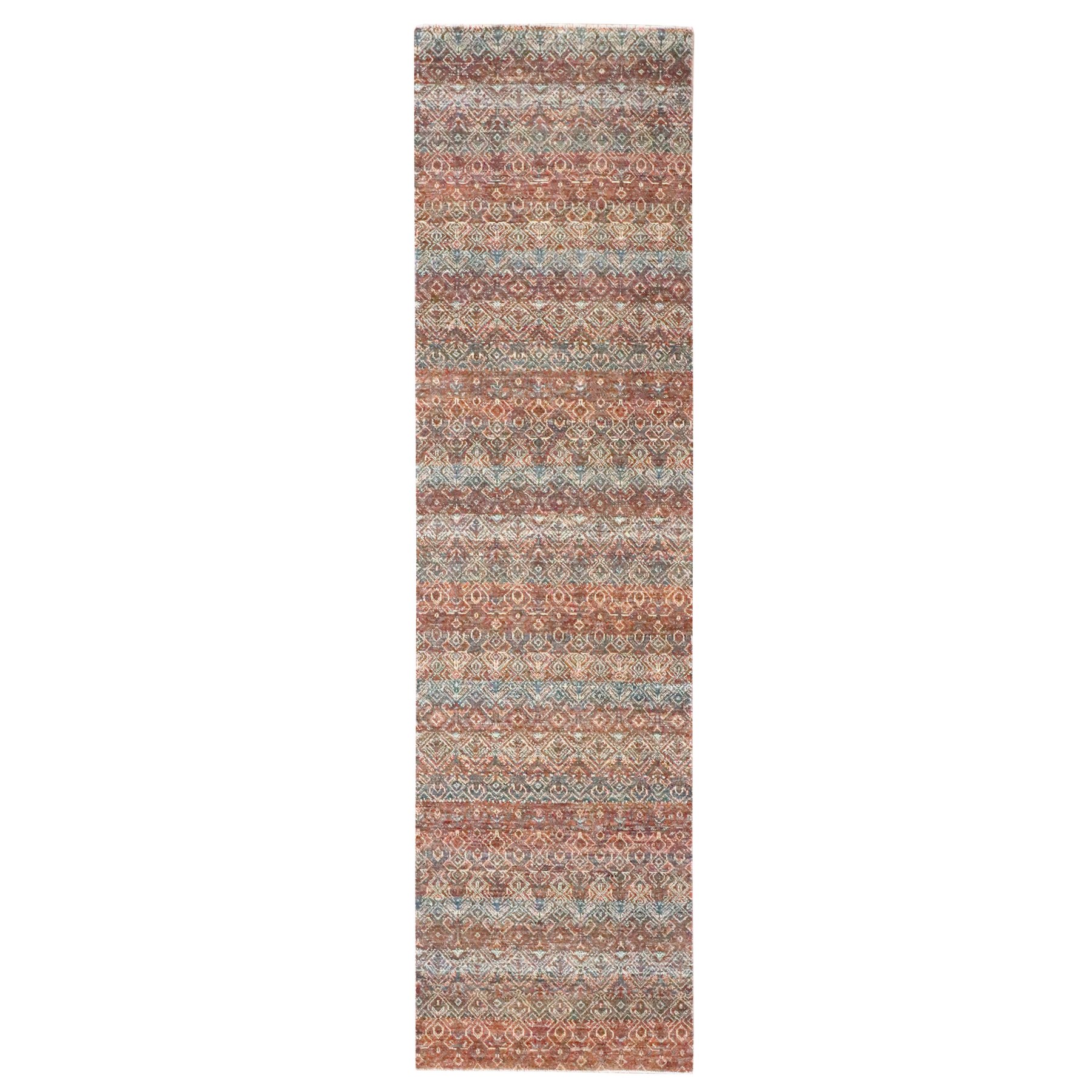 2'7"x10' Clay Red, Kohinoor Herat with Small Geometric Repetitive Diamond Pattern, Tone on Tone, Soft and Shiny Wool, Hand Knotted, Runner, Oriental Rug HR76409