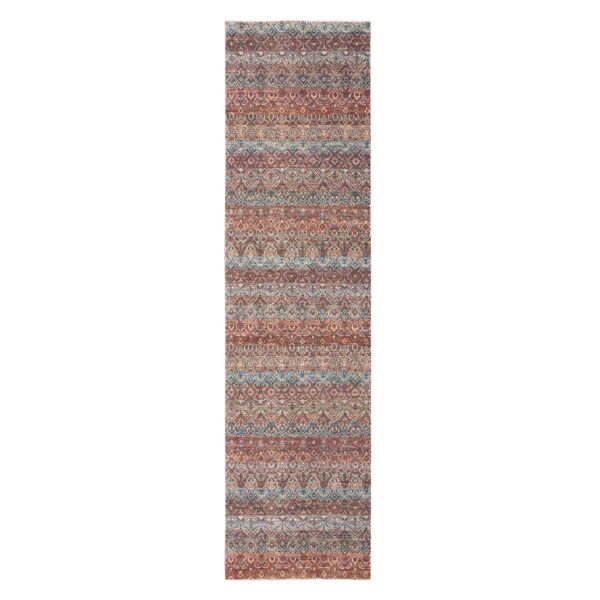 2'7"x10' Summer Fig Red, Kohinoor Herat with Small Geometric Repetitive Diamond Pattern, Tone on Tone, Soft and Shiny Wool, Hand Knotted, Runner, Oriental Rug HR76410