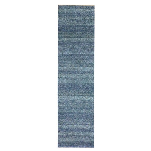 2'7"x10'2" Imperial Blue, Tone On Tone, Kohinoor Herat with Small Geometric Repetitive Diamond Design, Soft Wool, Hand Knotted, Runner, Oriental Rug HR76414
