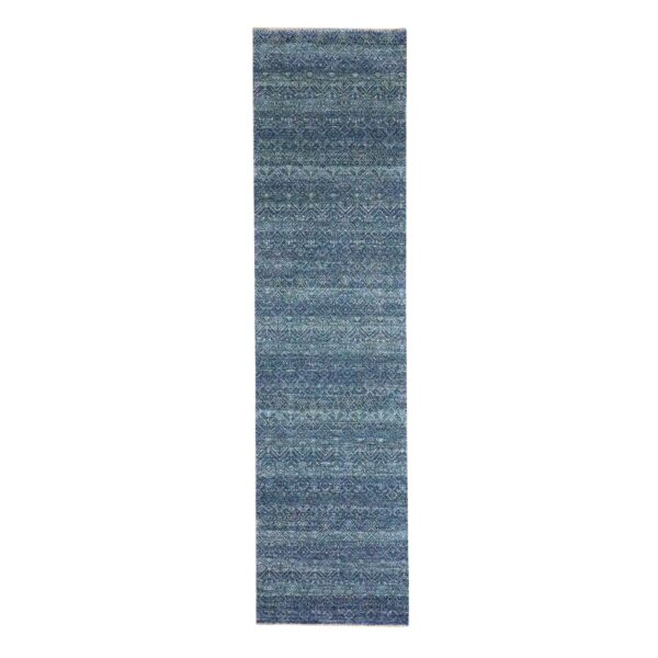 2'7"x10'2" Aegean Blue, Kohinoor Herat with Small Geometric Repetitive Diamond Pattern, Soft Wool, Tone On Tone, Hand Knotted, Runner, Oriental Rug HR76415
