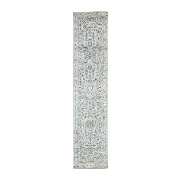 2'7"x12' Vista White, Pre Historic 14th Century Influence, Mamluk Design, Natural Dyes, Hand Knotted, Pure Wool, Runner, Oriental Rug HR76437