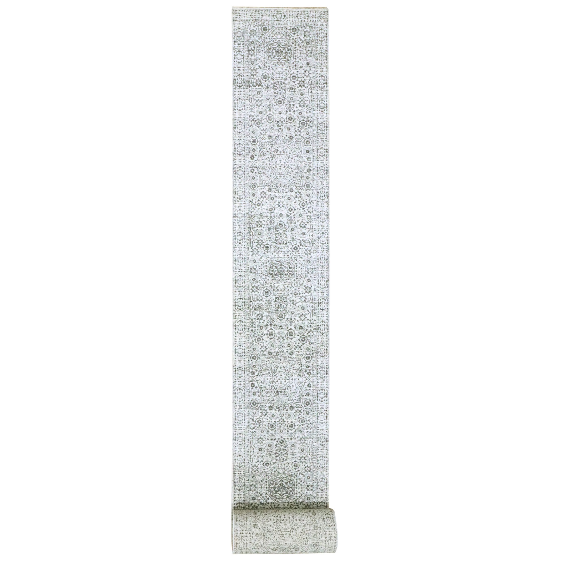 2'6"x30' Daisy White, Mamluk Design, Pre Historic 14th Century Influence, Natural Dyes, Hand Knotted, Pure Wool, XL Runner, Oriental Rug HR76439