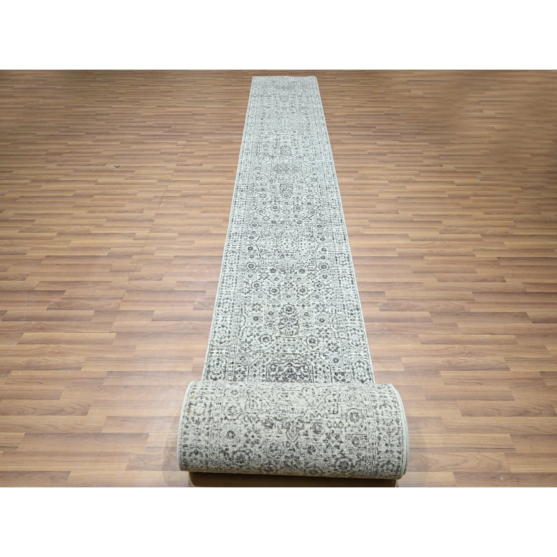 2'6"x30' Daisy White, Mamluk Design, Pre Historic 14th Century Influence, Natural Dyes, Hand Knotted, Pure Wool, XL Runner, Oriental Rug HR76439 - Image 2
