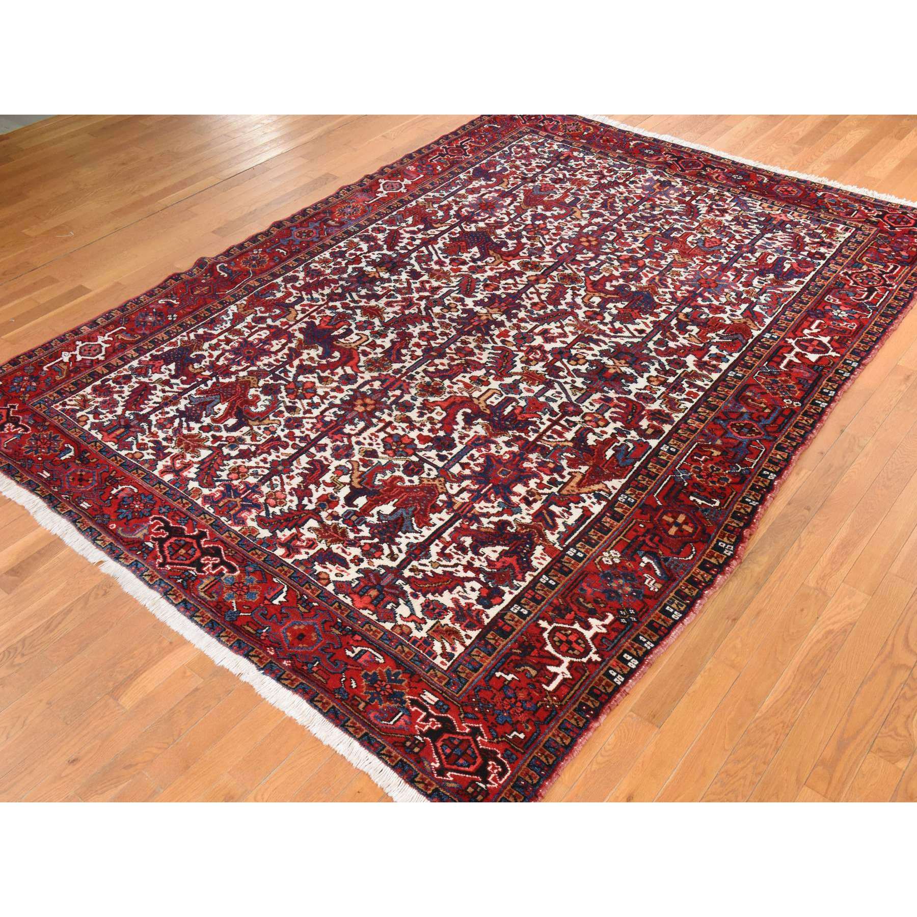 8'3"x11'1" Daisy White, Antique Persian Heriz, Good Condition, Clean, Full Pile, All Over Flower Geometric Design, 100% Wool, Hand Knotted, Oriental Rug HR78433 - Image 4