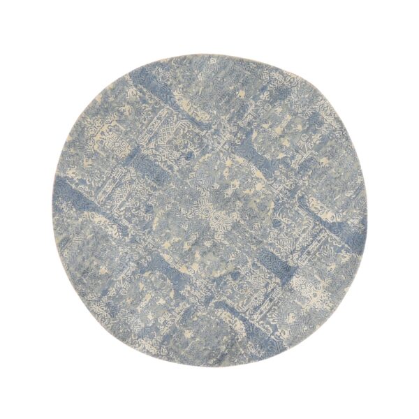 4'x4' Stone Blue, Wool and Pure Silk, Jewelry Design, Hand Knotted, Round, Oriental Rug HR78461