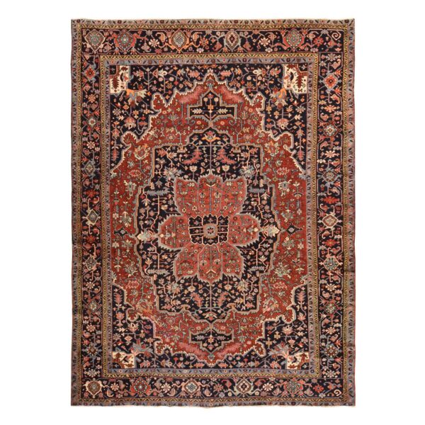 8'10"x12'2" Samba Red, Antique Persian Heriz, Clean, Even Wear, Large Medallion Design, 100% Wool, Hand Knotted, Oriental Rug HR78468