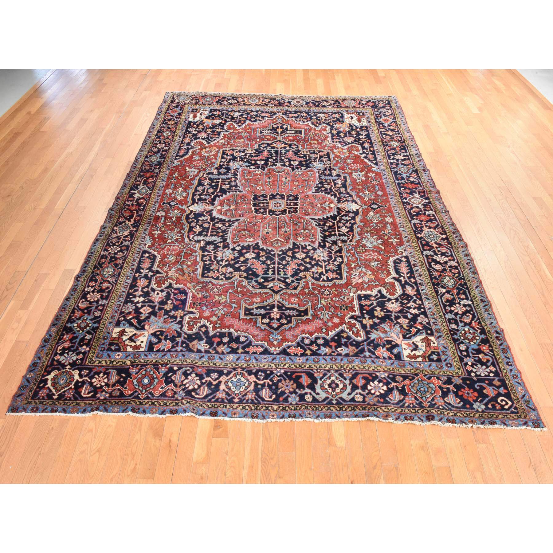 8'10"x12'2" Samba Red, Antique Persian Heriz, Clean, Even Wear, Large Medallion Design, 100% Wool, Hand Knotted, Oriental Rug HR78468 - Image 2