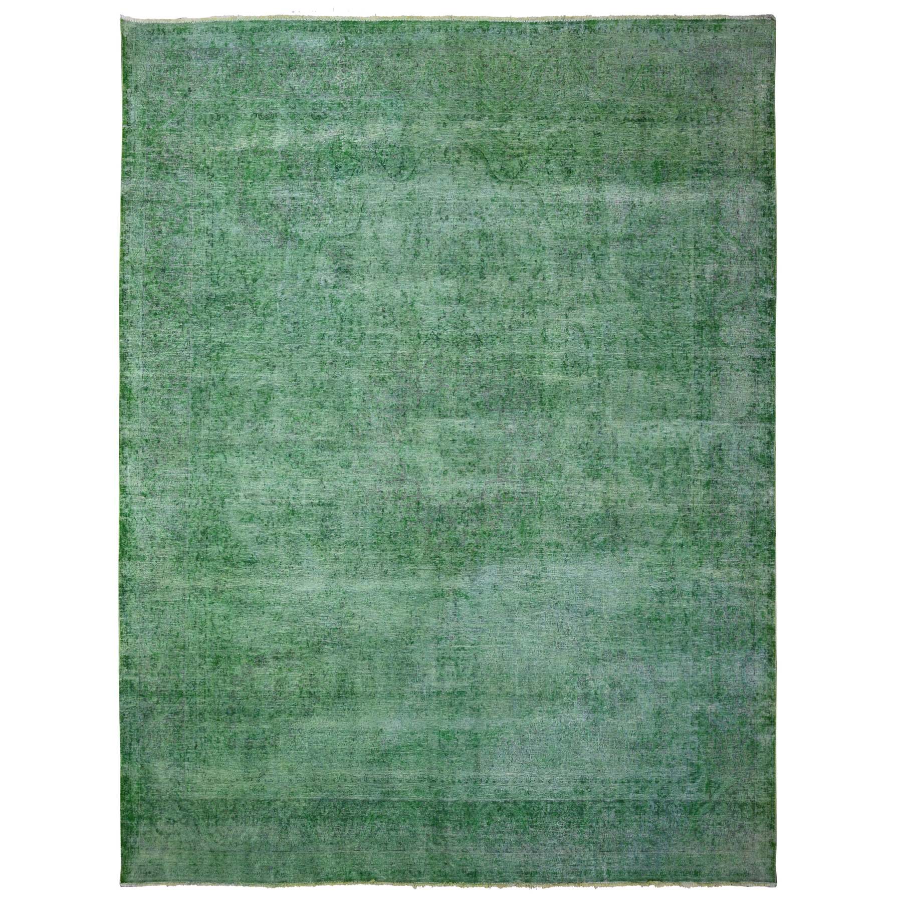 9'7"x12'7" Forest Green, Vintage Persian Kerman, Erased Design, Sides Secured Professionally, Hand Knotted, Worn Out Look, Soft And Shiny Wool, Oriental Rug HR89450