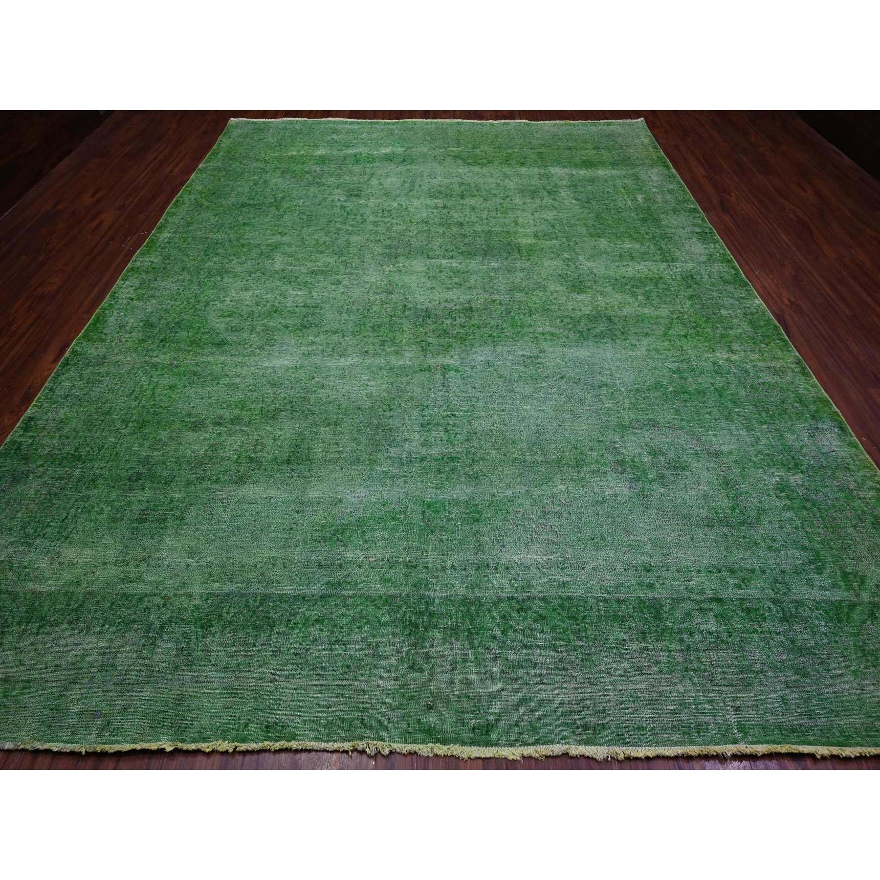 9'7"x12'7" Forest Green, Vintage Persian Kerman, Erased Design, Sides Secured Professionally, Hand Knotted, Worn Out Look, Soft And Shiny Wool, Oriental Rug HR89450 - Image 2