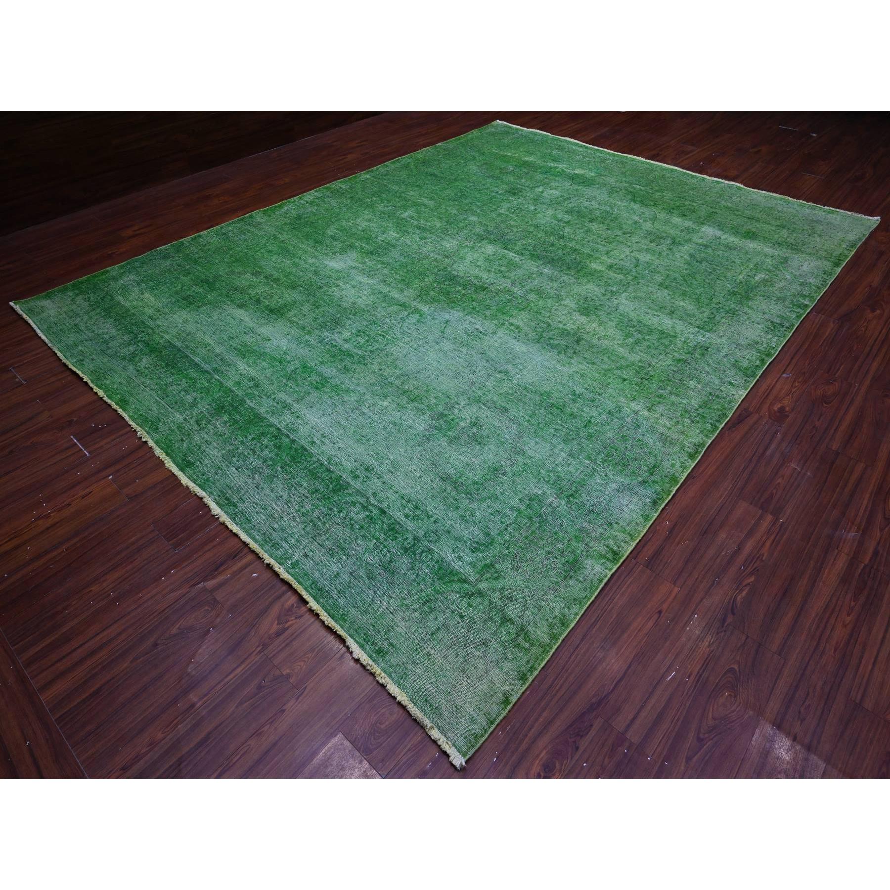 9'7"x12'7" Forest Green, Vintage Persian Kerman, Erased Design, Sides Secured Professionally, Hand Knotted, Worn Out Look, Soft And Shiny Wool, Oriental Rug HR89450 - Image 3