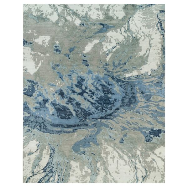 12'x15'3" Glaucous Blue and Thunder Gray, Wool and Silk, Abstract Galaxy Design, Hand Knotted Hi-low Pile Oriental Oversized Rug HR90216