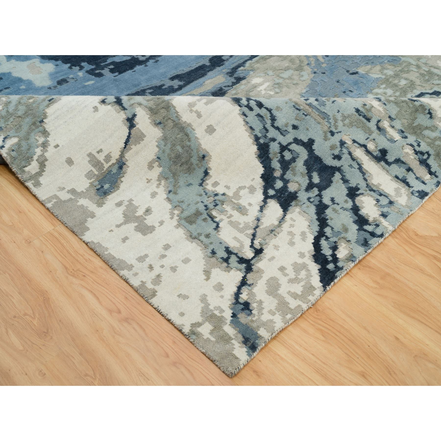 12'x15'3" Glaucous Blue and Thunder Gray, Wool and Silk, Abstract Galaxy Design, Hand Knotted Hi-low Pile Oriental Oversized Rug HR90216 - Image 6