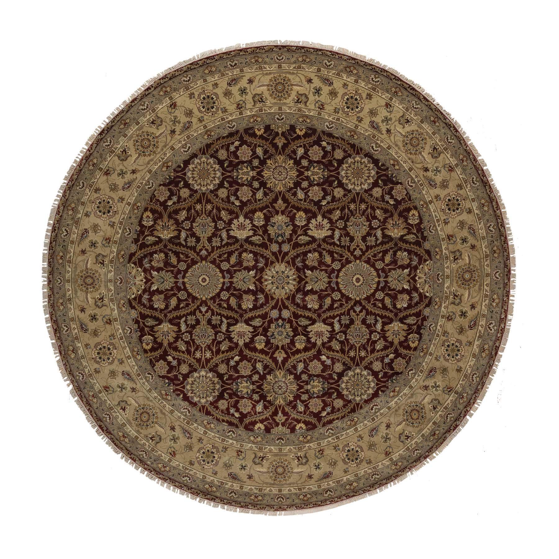 8'1"x8'1" Wine Red, Hereke with All Over Design, 300 KPSI, Wool and Silk, Hand Knotted, Round, Oriental Rug HR91438