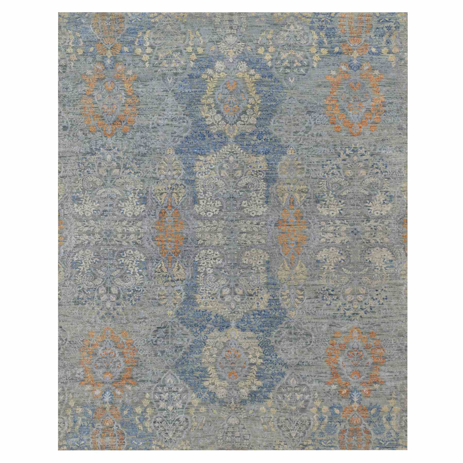 8'x10' Misty Gray, Jewelry Design, Wool with Textured Silk, Tone on Tone, Transitional, Hand Knotted, Oriental Rug HR91443