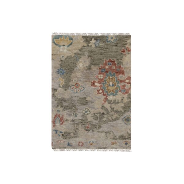 2'1"x3' Taupe Gray, Broken Pattern with Oushak Design, 100% Wool, Hand Knotted, Borderless, Mat, Sample, Oriental Rug HR91448