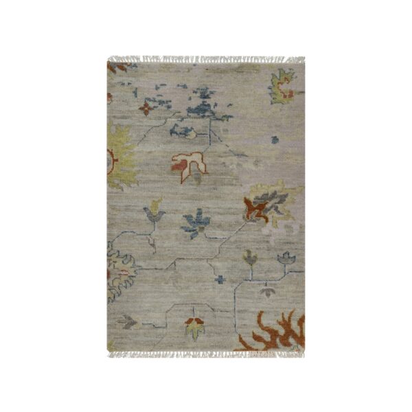 2'1"x3' Light Gray, Broken Pattern with Agra Design, Pure Wool, Hand Knotted, Mat, Sample, Oriental Rug HR91454