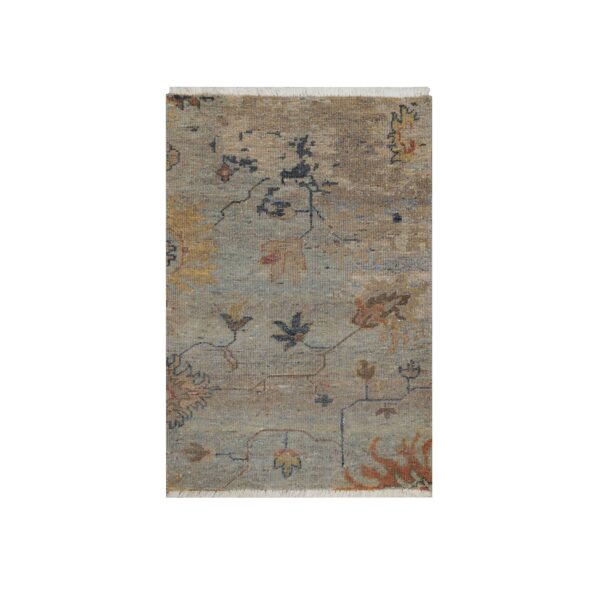 2'1"x3' Misty Gray, Broken Pattern with Oushak Design, Borderless, 100% Wool, Hand Knotted, Mat, Sample, Oriental Rug HR91455