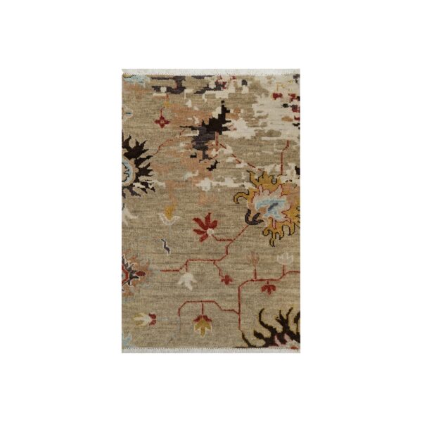 2'1"x3'2" Sand Brown, Broken Pattern with Oushak Design, Borderless, 100% Wool, Hand Knotted, Sample, Mat, Oriental Rug HR91457