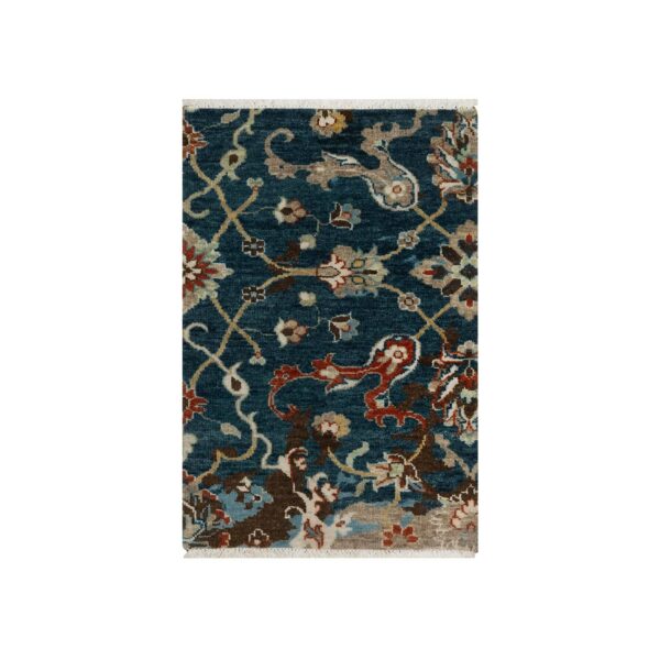 2'1"x3' Yale Blue, Broken Pattern with Oushak Design, 100% Wool, Hand Knotted, Mat, Sample, Oriental Rug HR91461
