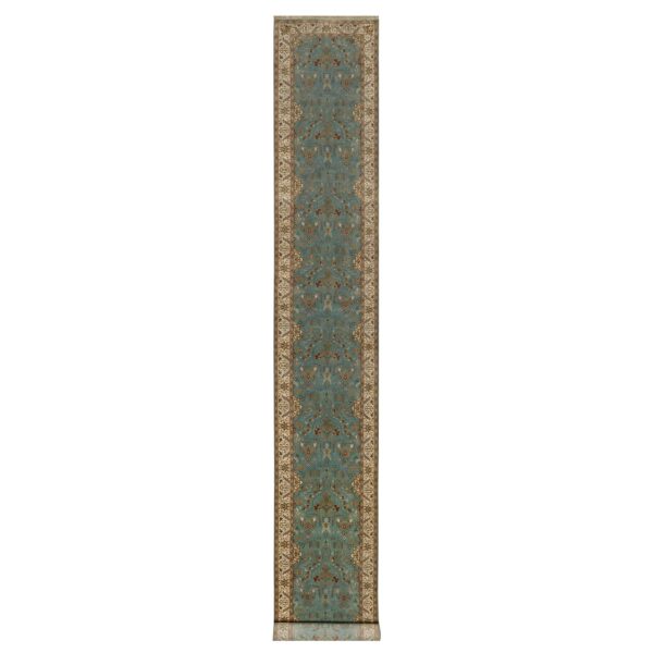 2'9"x19'8" Cerulean Blue, Tabriz Revival, Hand Knotted, Hand Spun New Zealand Wool, 300 KPSI, XL Runner, Oriental Rug HR91477