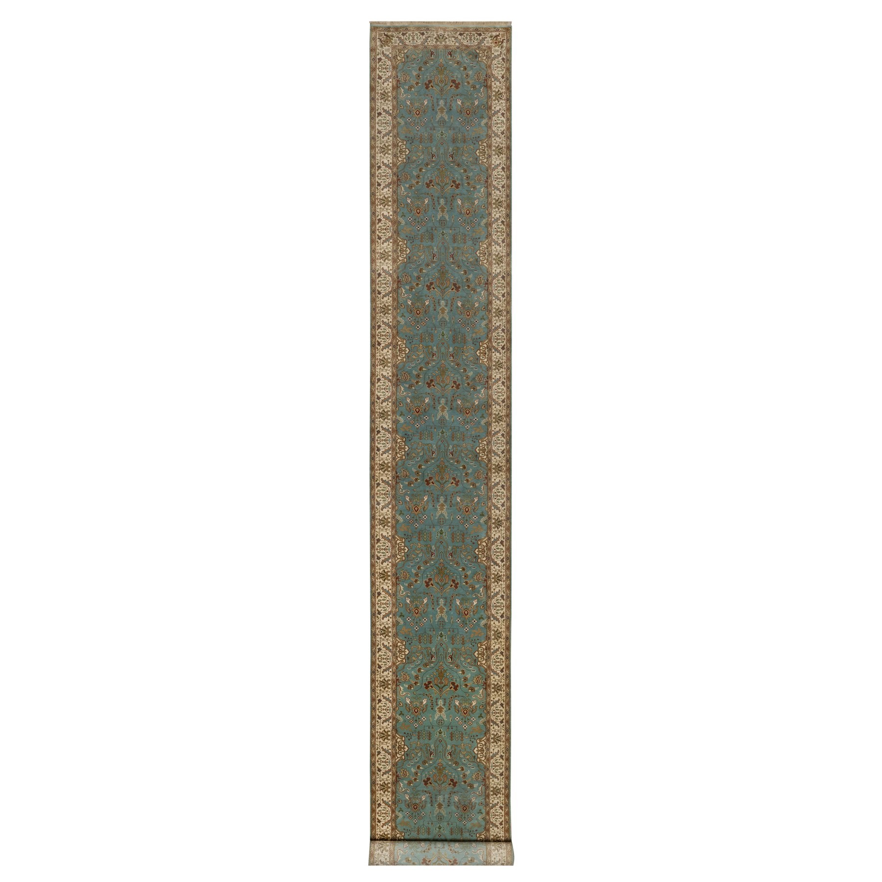 2'9"x19'8" Cerulean Blue, Tabriz Revival, Hand Knotted, Hand Spun New Zealand Wool, 300 KPSI, XL Runner, Oriental Rug HR91477