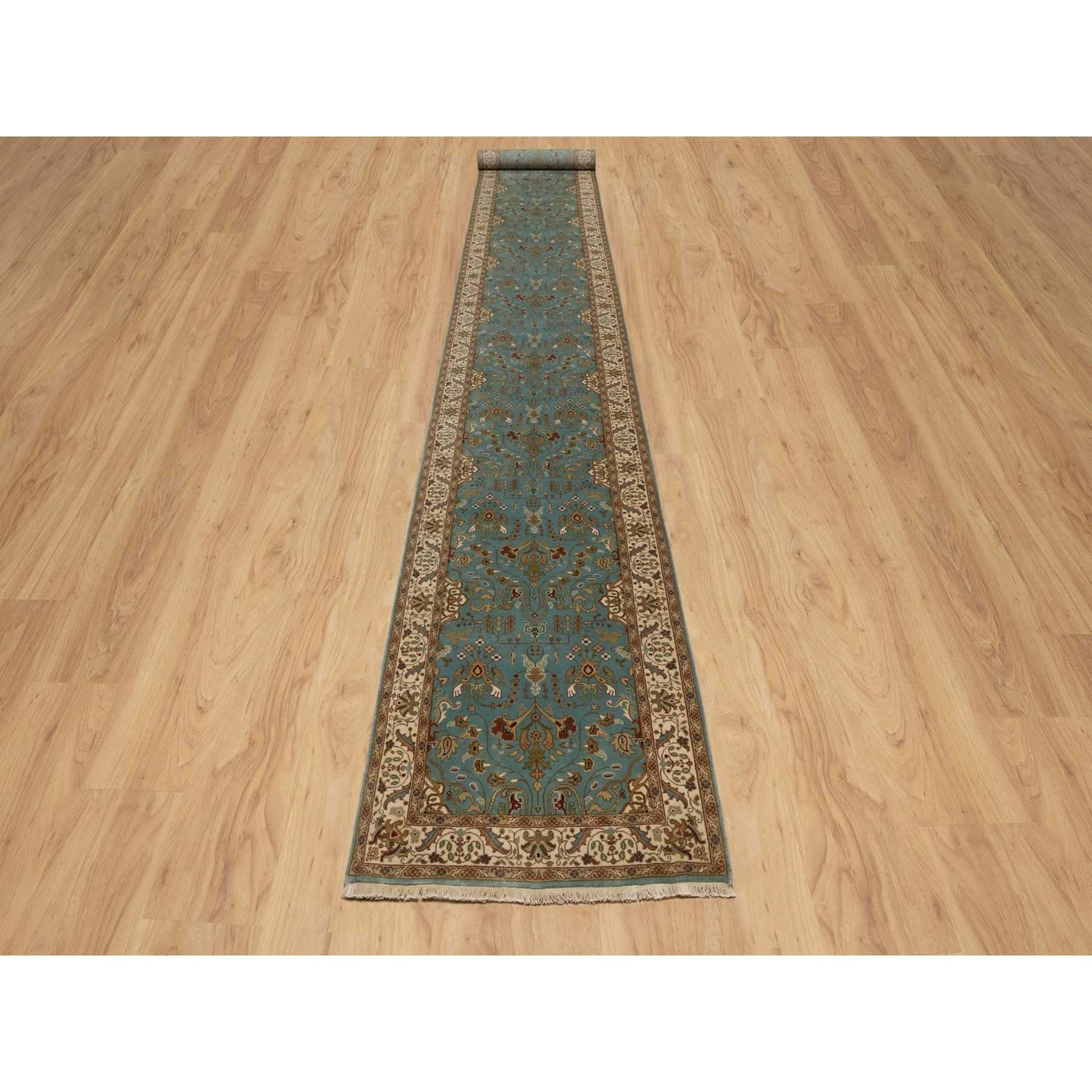 2'9"x19'8" Cerulean Blue, Tabriz Revival, Hand Knotted, Hand Spun New Zealand Wool, 300 KPSI, XL Runner, Oriental Rug HR91477 - Image 2