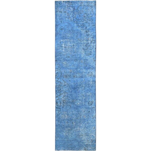 2'2"x9' Bayern Blue, Overdyed Vintage Persian Tabriz, Worn and Distressed, Sides and Ends Professionally Secured, Cropped Thin, Hand Knotted, 100% Wool, Fragment, Narrow Runner, Oriental Rug HR940