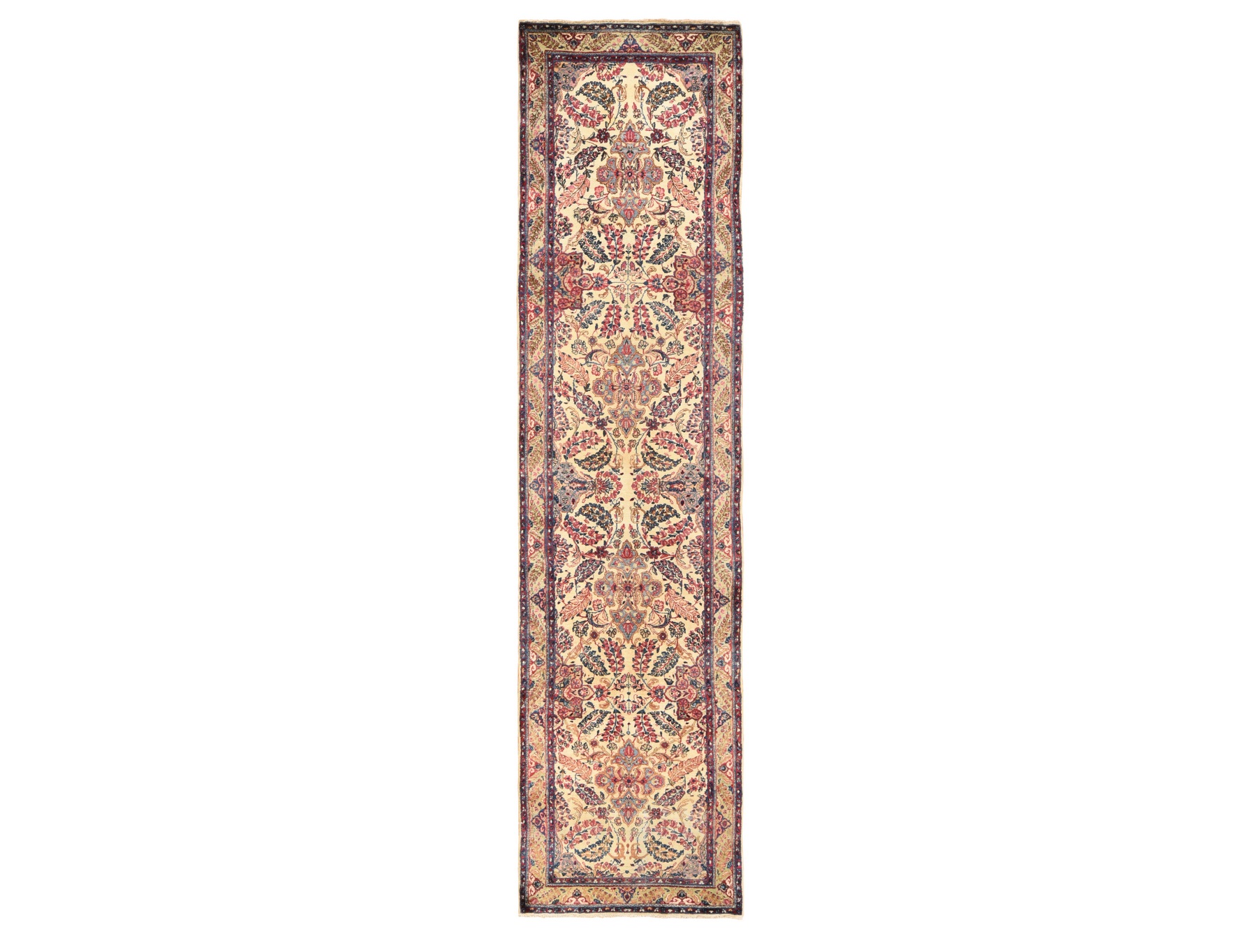 3'x12' Oyster White, Antique Persian Kerman, Hand Knotted, 100% Wool, Clean, Sides and Ends Professionally Secured, Good Condition, Runner, Oriental Rug HR78485