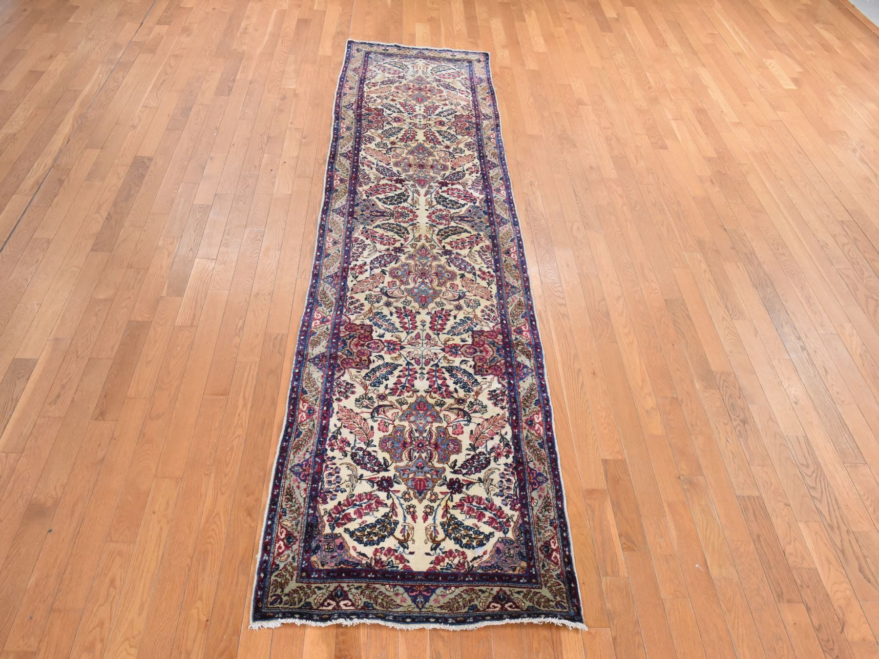3'x12' Oyster White, Antique Persian Kerman, Hand Knotted, 100% Wool, Clean, Sides and Ends Professionally Secured, Good Condition, Runner, Oriental Rug HR78485 - Image 2